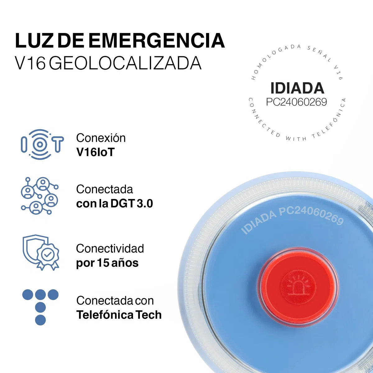 SafetyTech - Luz Emergencia Coche Homologado DGT, con SIM Telefónica y Datos Gratis hasta 2038, Baliza V16 Homologada DGT con Geolocalizador 3.0 + Funda Accesorios Coche, V16 con Geolocalización