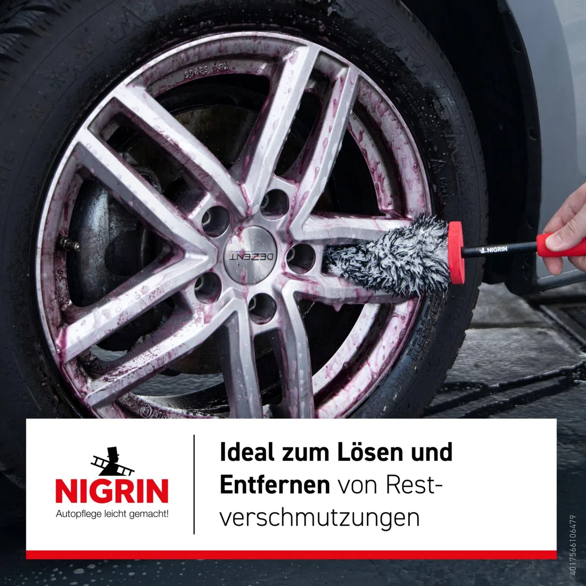 NIGRIN Cepillo de Microfibra para Llantas de Coche, sin arañazos, eficaz para Limpieza de Llantas, también para Lugares de difícil Acceso, Incluye Funda Intercambiable, Multicolor, 1 Unidad