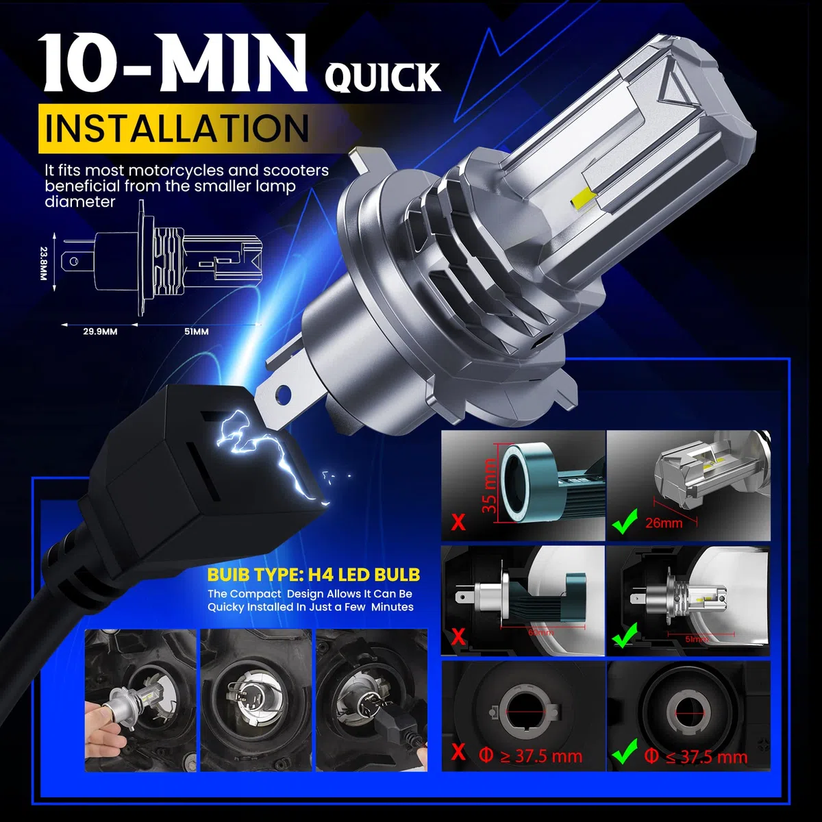 KOYOSO H4 LED 5000LM 25W Bombillas Compatible 12V Motocicleta Scooter Luz Alta y Luz Baja, Paquete de 1