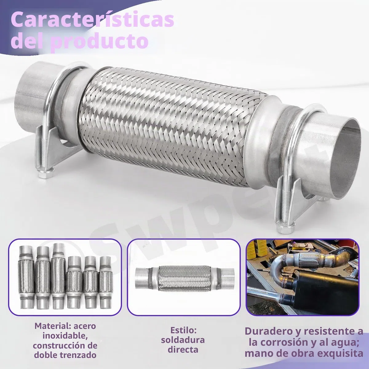 Swpeet 3 piezas tubo flexible de escape de 2,5 x 6 pulgadas con kit de abrazadera en U de escape de 2,5 pulgadas, tipo universal de acero inoxidable de doble trenza, tubo flexible de escape ideal para