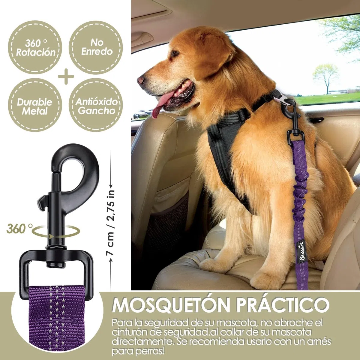 SlowTon 2 Cinturón de Seguridad de Coche para Perros, Ajustable, 2 Paquetes de Correas de Seguridad para Perros Pequeños, Medianos y Grandes, Cinturón de Seguridad Elástico