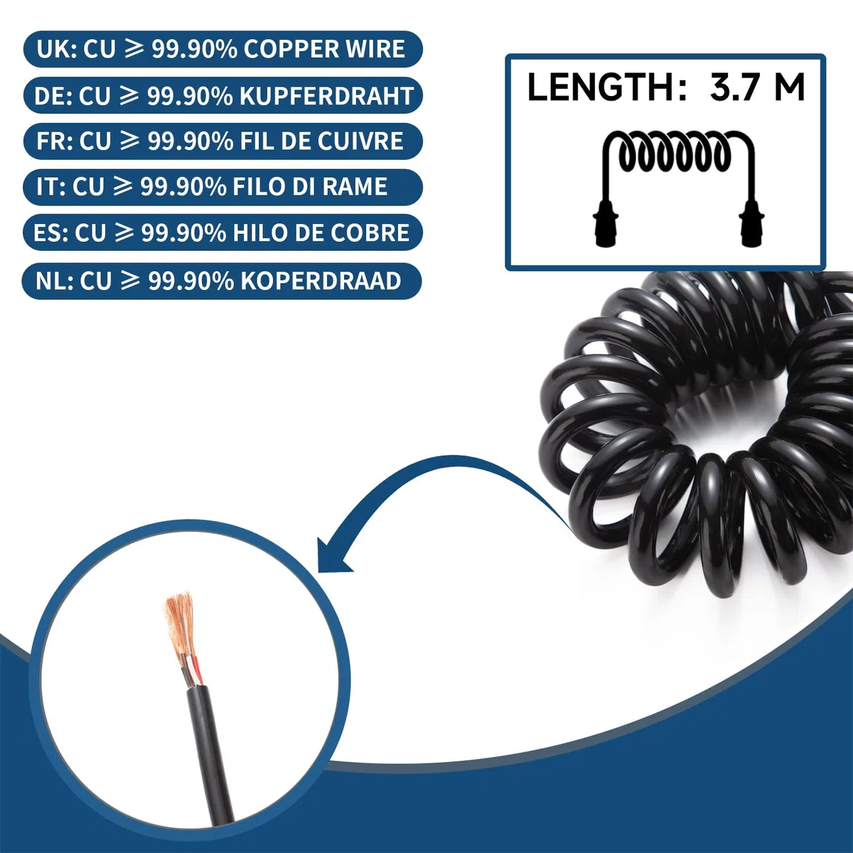 3,7m Cable Extensión Remolque 7 Pines, Espiral Remolque, Norma ISO 1724, Enchufe Macho de Aluminio, Núcleo de Cobre Puro Carcasa de PU, para Vehículos Europeos, Remolque, Yate, RV 12V/24V