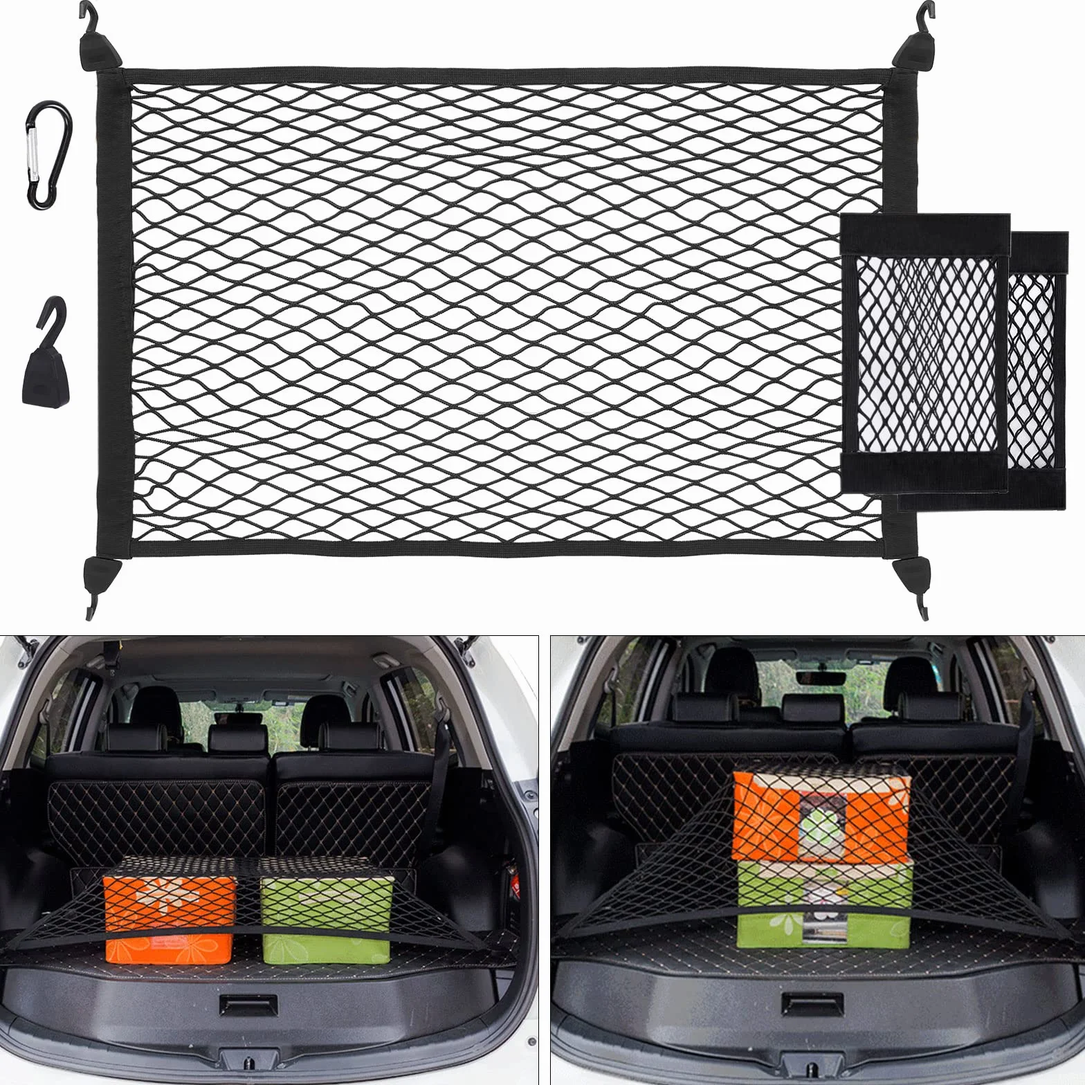 Red Maletero de Coche, Almacenamiento Red se Extiende hasta 140x100CM, con 2 PCS Organizador Bolsa de Red +4 Mosquetones+4 Ganchos ABS, el Borde elástico sujeta Las Cargas con Mayor firmeza