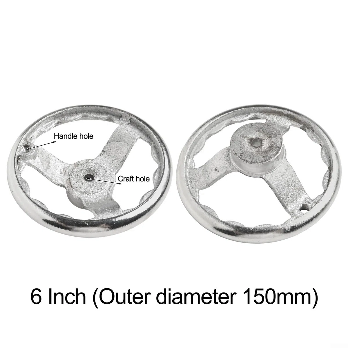Volante de acero cromado de 3 radios para máquinas industriales, material de hierro fundido con anillo interior corrugado para un mejor agarre (6 pulgadas)