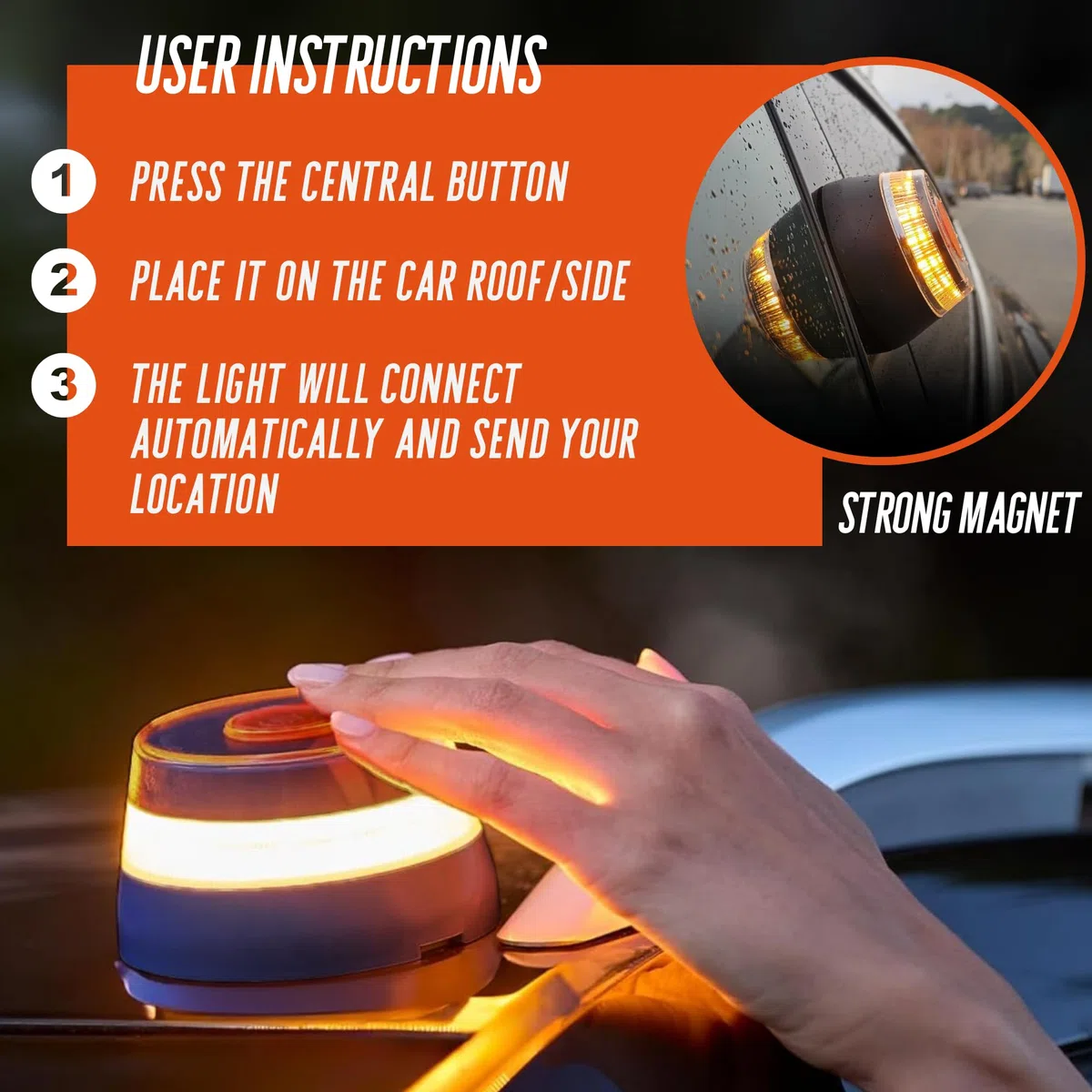 MAGIC SELECT Luz Emergencia V16 Homologada DGT con Geolocalización para Señalización en Carretera de Coche y Moto. Luz Naranja Intermitente 360º, Base Imantada, 3 Pilas AA Incluidas (1UD)