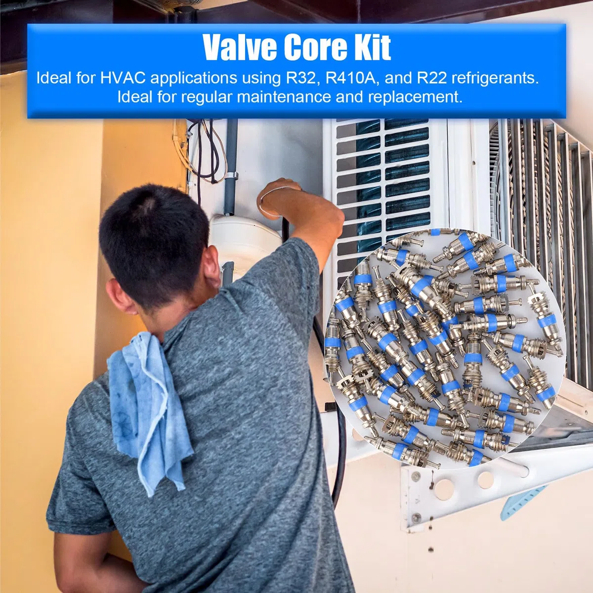 50uds Núcleo Válvula Aire Acondicionado, Repuestos Núcleo de Válvula Premium con Herramienta Extracción Accesorios Prácticos para Aire Acondicionado para R410/R32/R22 Refrigerante
