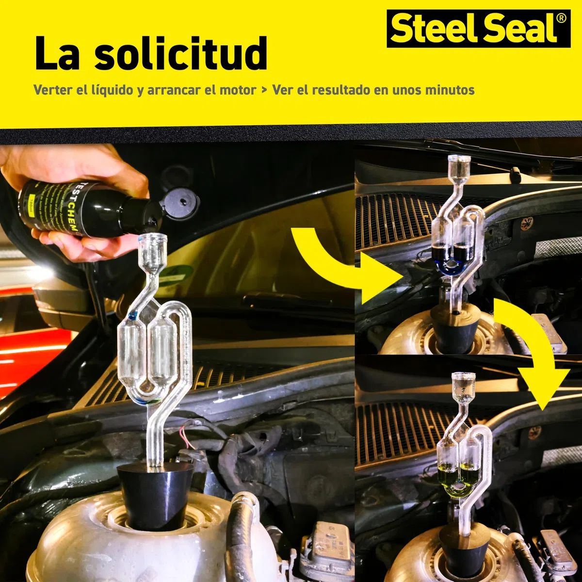 STEEL SEAL TESTCHEM Probador de junta de culata CO2 agua de refrigeración 100 ml – Prueba de gases de escape del sistema de refrigeración para automóviles – Kit de prueba para verificación de junta de