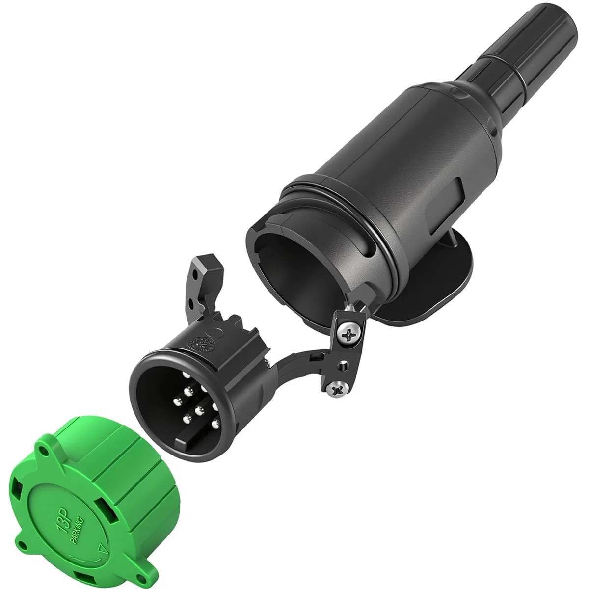 Conector de remolque, Conector de remolque premium - 13/8 polos con contacto de rosca según ISO 11446, para remolques de 12 V, incluye cubierta de estacionamiento, conector de 13 polos (conector