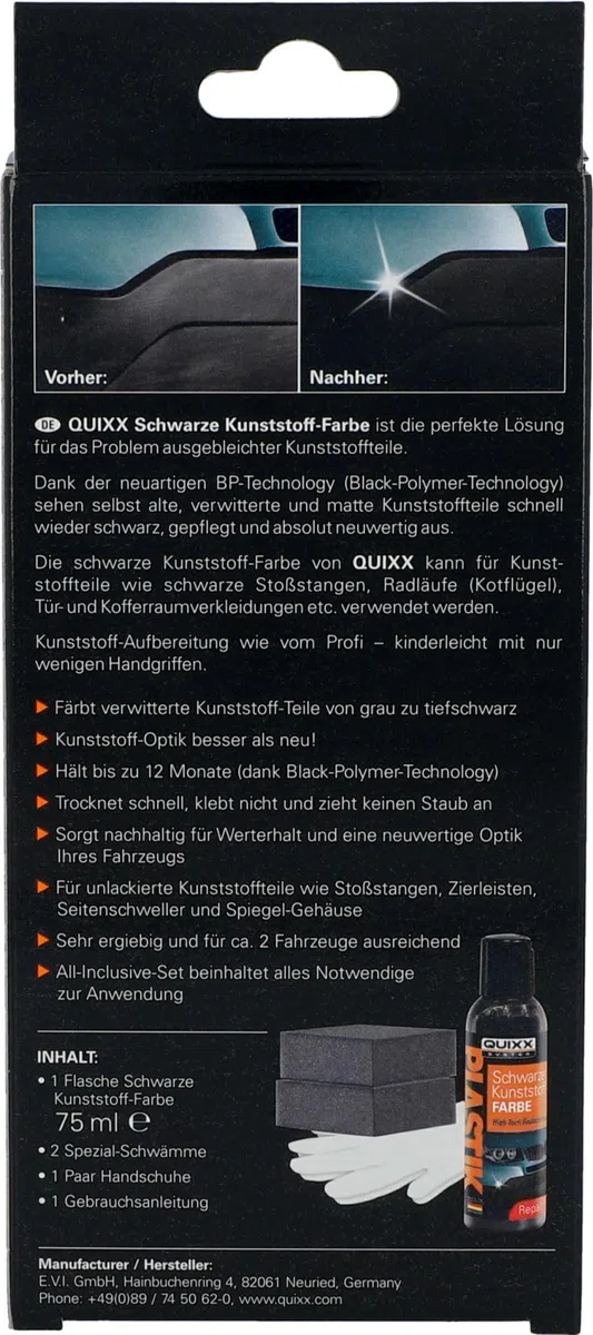 QUIXX - Negro Plásticos con Color, Renovador de Plásticos Exteriores, Tinte Negro Profundo con Tecnología BPT, Resistente al Clima y Lavado, Duración Hasta 12 Meses, Kit Completo de Aplicación