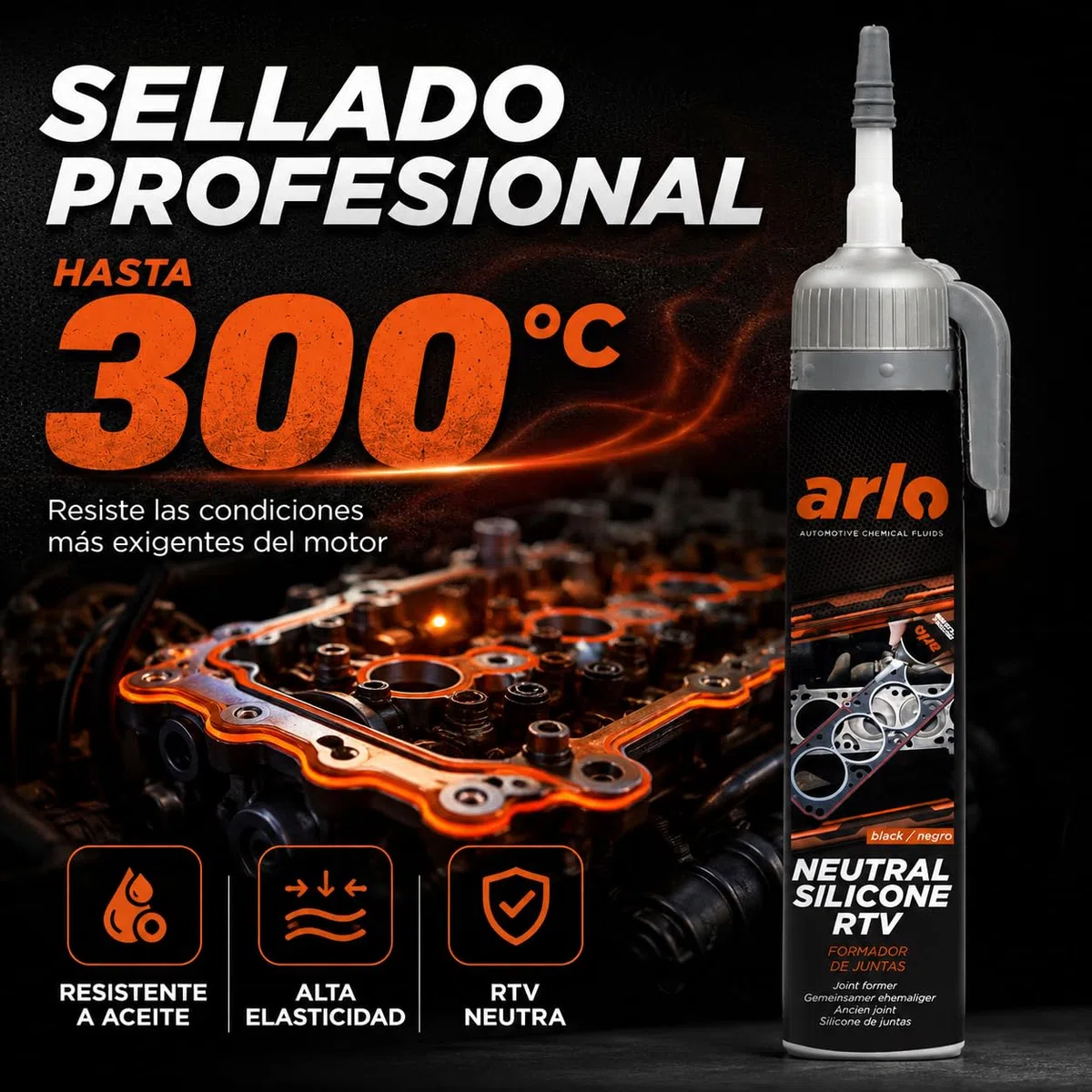 Arlo Formador de Juntas Silicona RTV Alta Temperatura para Motor y Cárter, Sellador Negro 200 ml
