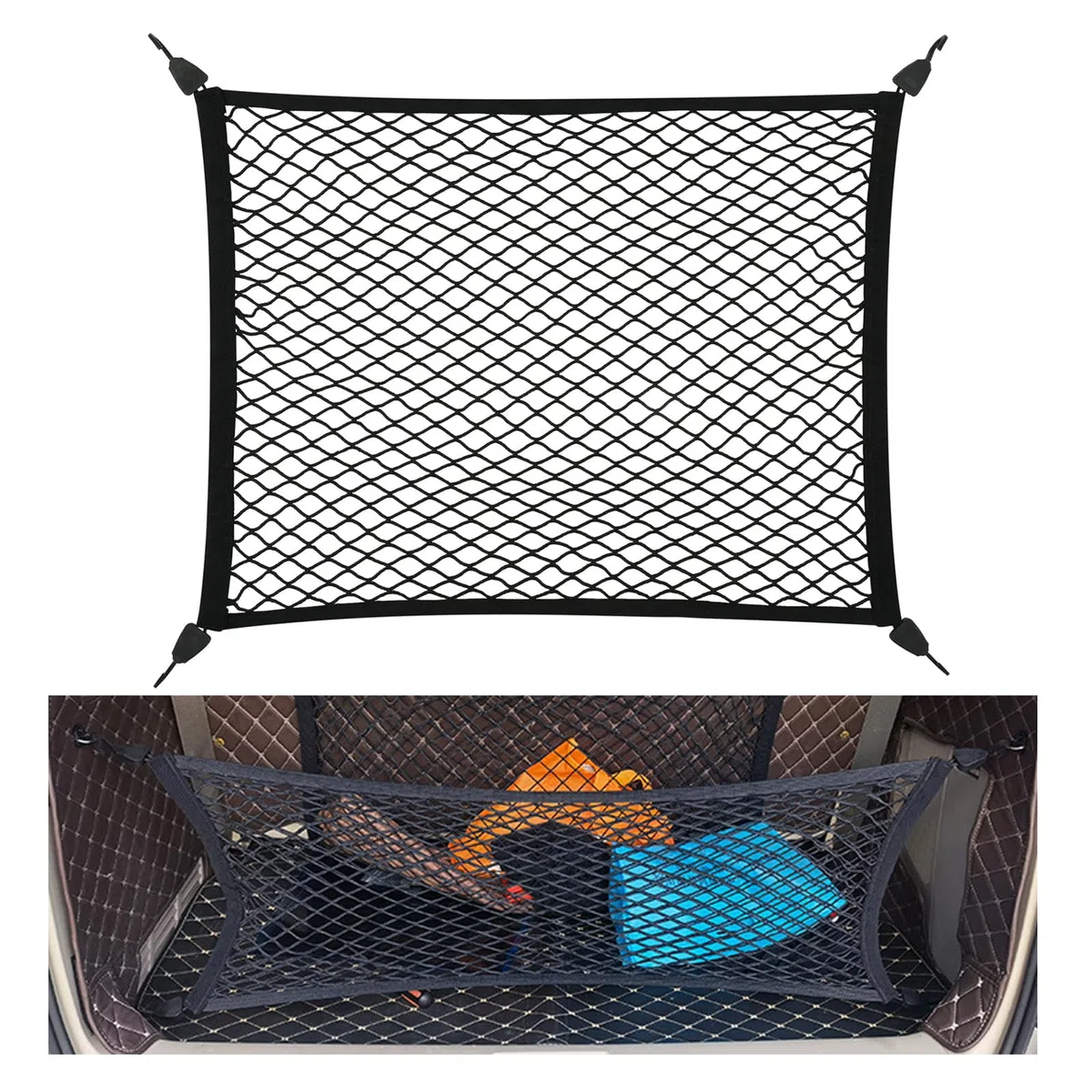OMJMYY Red Maletero de Coche 80x60cm Almacenamiento Red se Extiende hasta 200x110cm Red Elástica Malla Elástica con 4 Ganchos Red para Coche Maletero para Equipaje