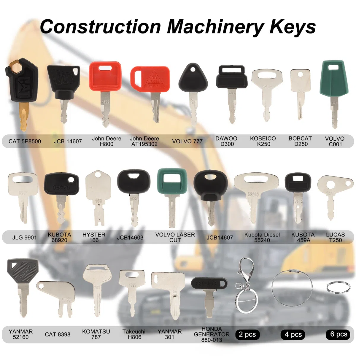 Juego de Llaves de Encendido,36PCS Llaves de Contacto de Repuesto de Repuesto Universales con 10 Llaveros, para Caterpillar Hitachi Kobelco Komatsu Kubota para Excavadoras Dumper Tractor Dozer