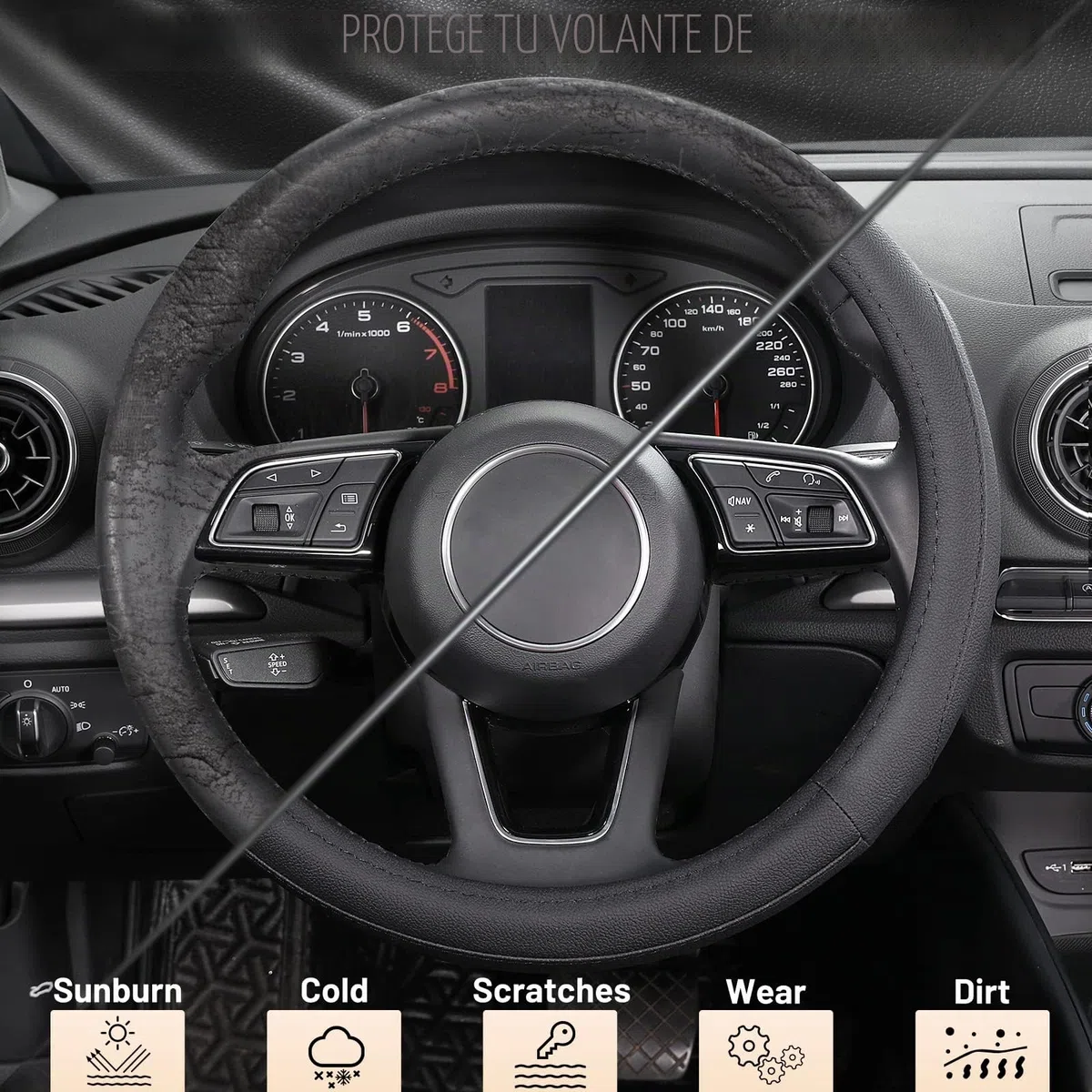 SEG Direct Funda de Volante para Coche, tamaño estándar Medio 37-39 cm, Accesorios Interiores de Coche, Microfibra Cuero Negro