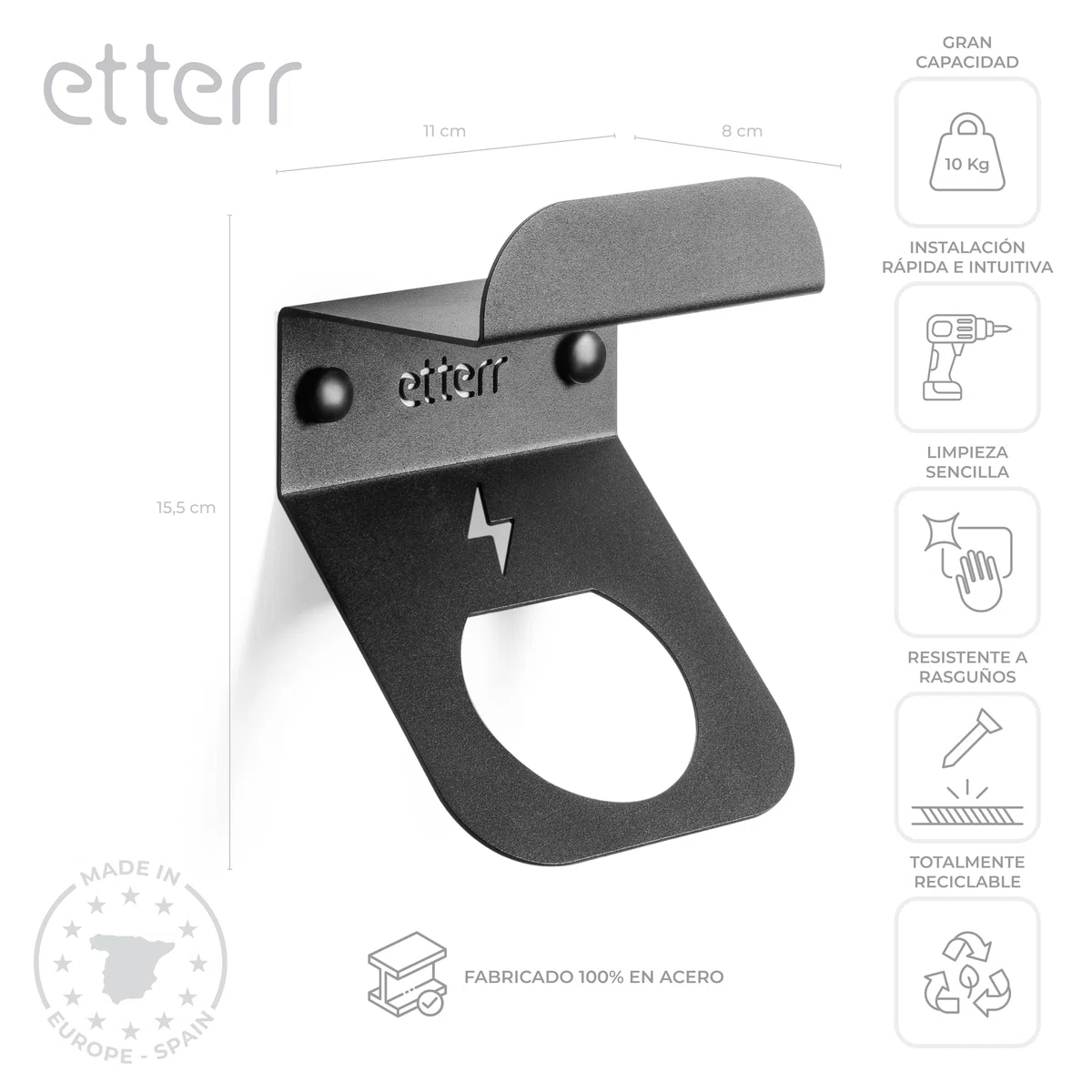 Soporte de Cargador Coche eléctrico. Base, Gancho de Pared, Manguera, Cargador baterias Coche eléctrico, EV, Organizador Cables, Accesorios Coche, Accesorios Moto. (Negro)