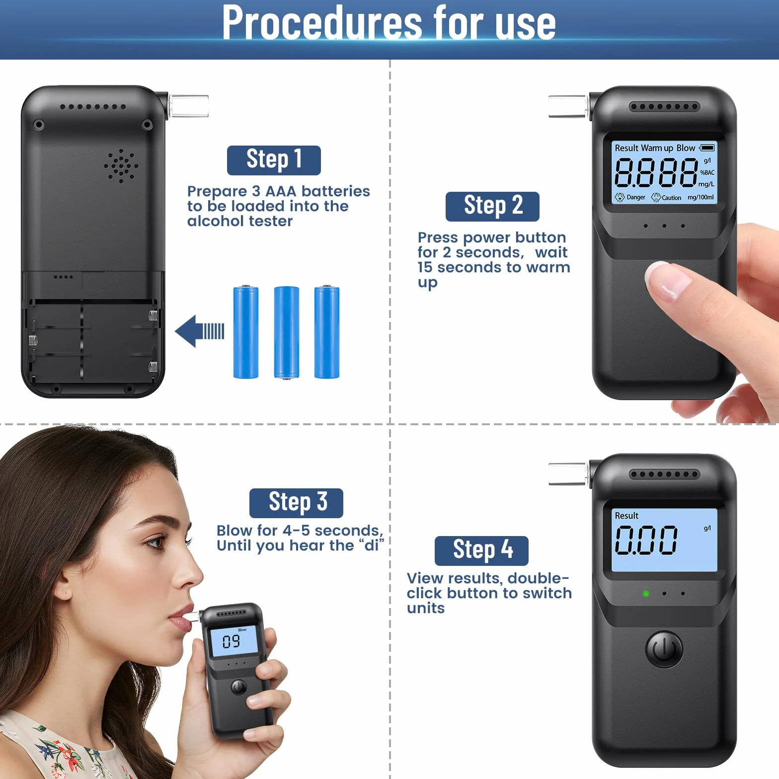 FIVAVA Alcoholimetro Digital Homologado, Alcoholímetro Alcohol Test | Precisión ±0,01% | Portátil LCD Digital | 20 Boquillas Reutilizables | Test Alcoholemia Uso Doméstico/Profesional