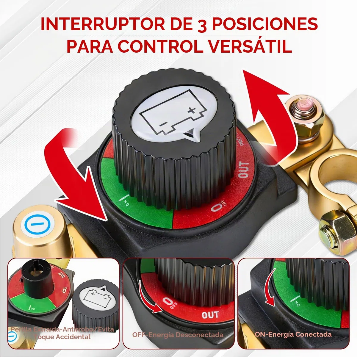 Desconectador de Bateria Coche 12V-48V, Cortacorrientes Coche Ajustable 180°, Interruptor Principal de Batería, Corta Corriente Bateria para Coche, Moto, Barco, Yate, Apto para el terminal negativo
