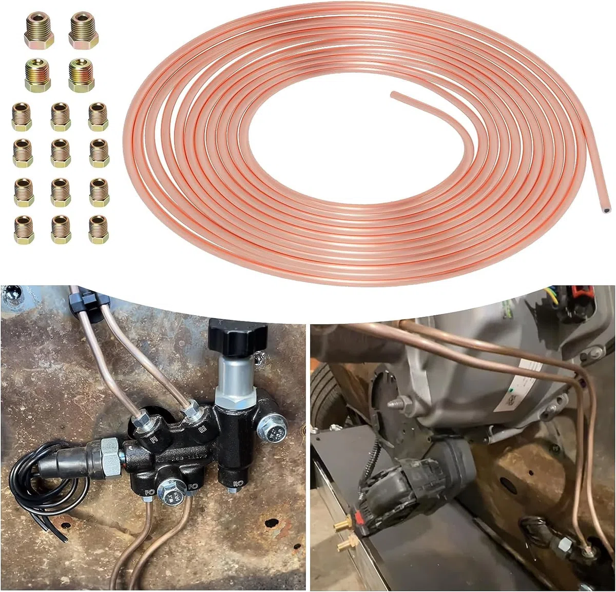 Tubo de Freno Recubierto de Cobre 25 Pies 1/4" OD, Kit de Línea de Freno General para Automóviles de 7,62m con 16 Tuercas Accesorios por Poweka