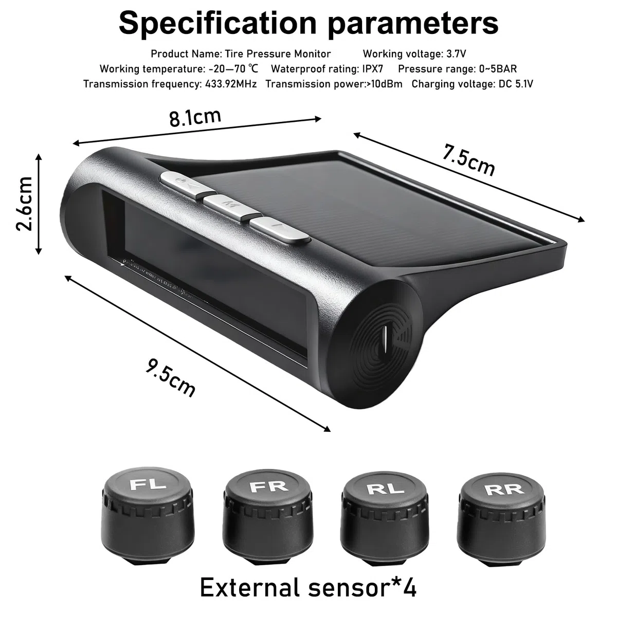 GBKDQQ TPMS Sistema de Control de Presión de Neumáticos, 4 Sensores Externos, Alarma de Temperatura y Vehículo, Sistema de Control de Presión de Neumáticos Solar Sistema de Control de Presión de