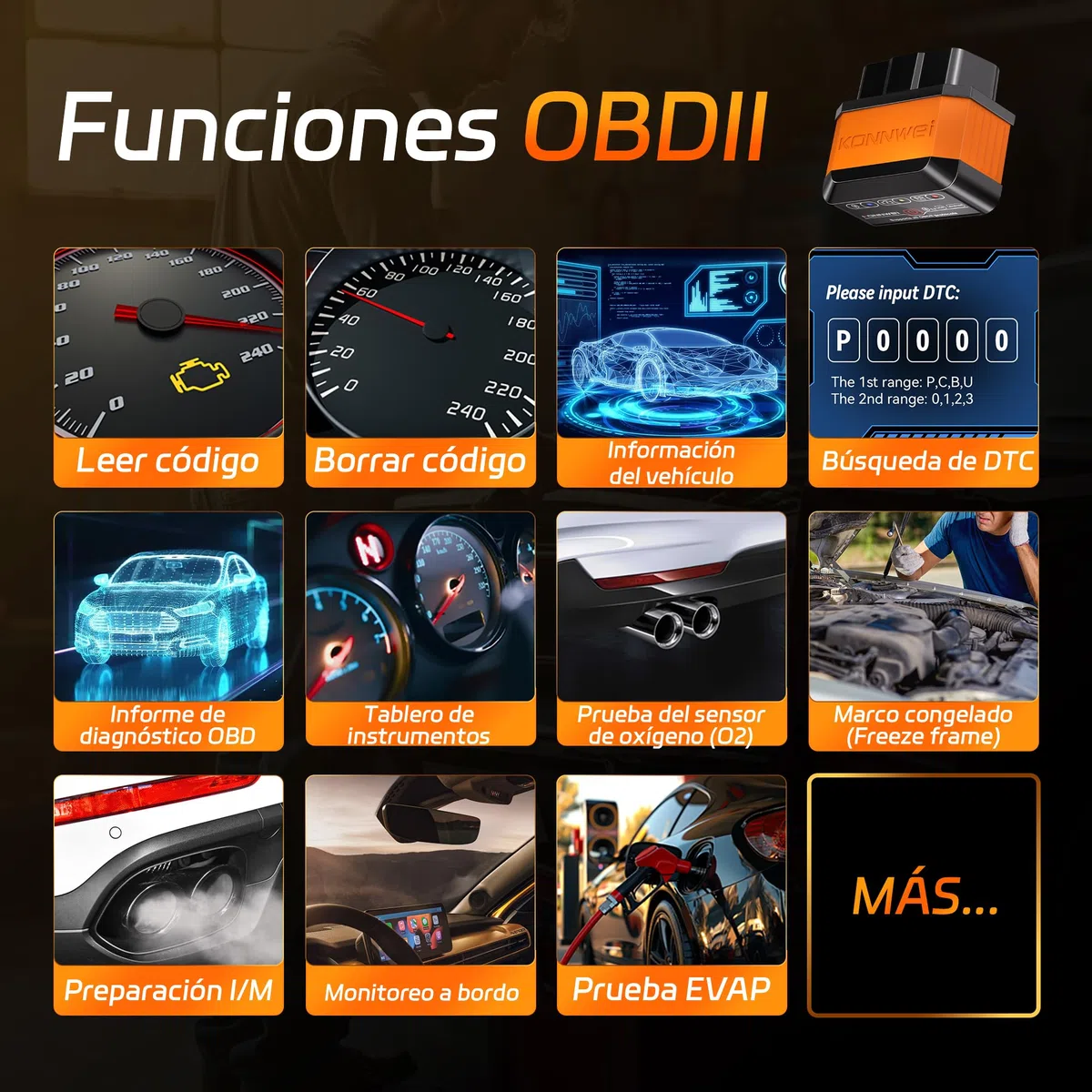 KONNWEI Dispositivo de Diagnóstico OBD2 Bluetooth, Lector y Escáner Inalámbrico de Códigos de Diagnóstico para Todos los Vehículos - Herramientas de Diagnóstico OBD-II para iOS, Android y Windows