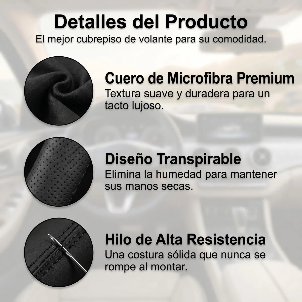 Funda Volante Coche Universal 38cm Cuero Antideslizante Negra | Transpirable, Con Agujas e Hilo para Coser, Accesorios Interior, Protector Volante