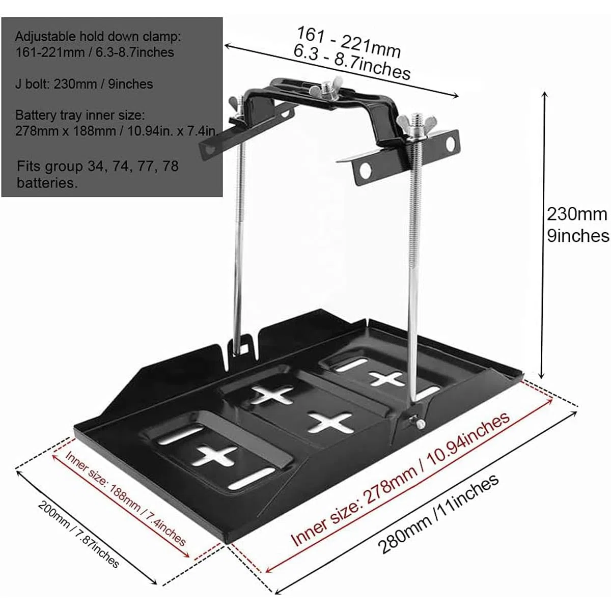 Greluma bandeja sujeción batería equipo -23cm tornillo con bandeja batería 28 cm, acero resistente corrosión soporte batería almacenamiento abrazadera soporte ajustable para coche,barco,marina