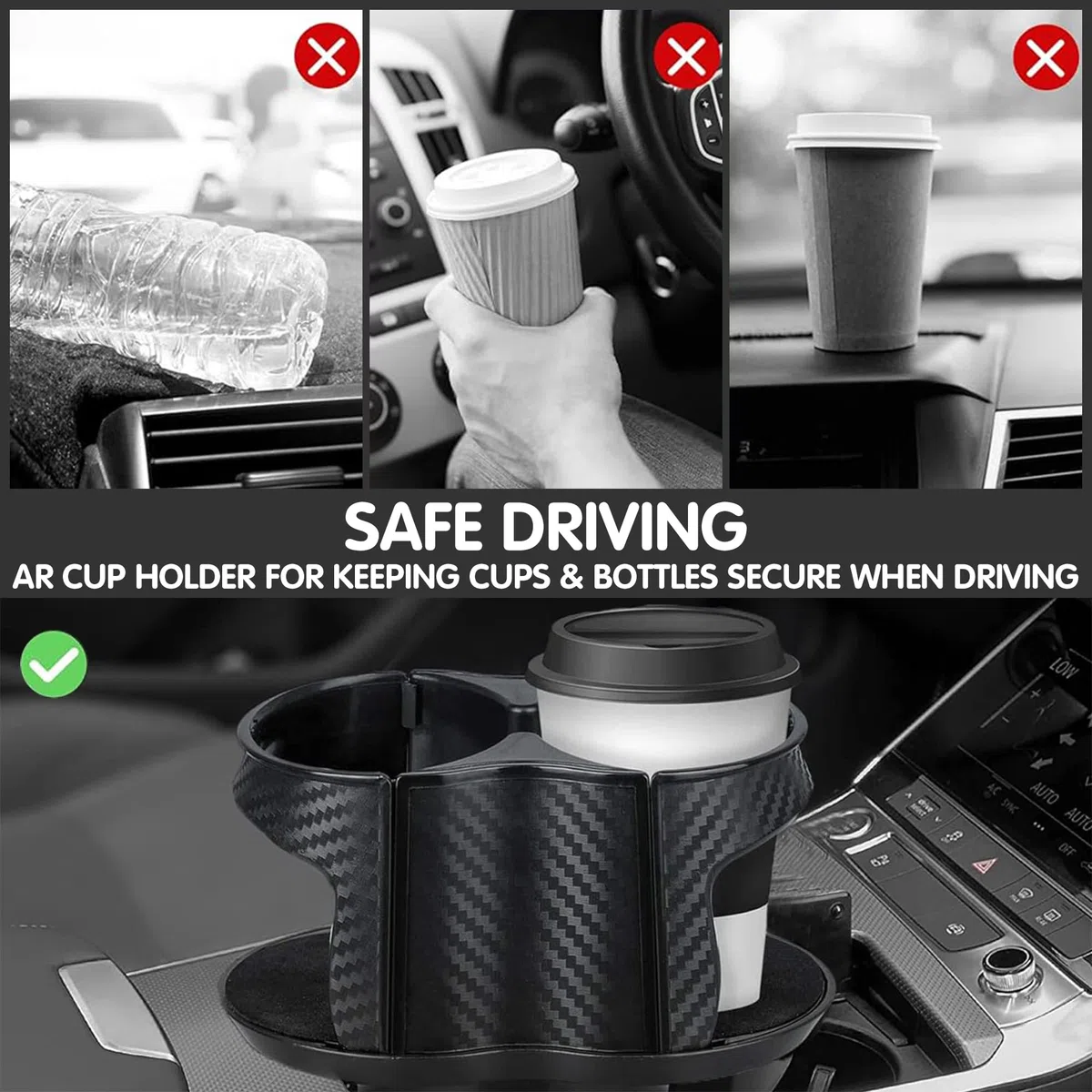 Reofrey Adaptador expansor multifuncional 2 en 1 para portavasos de coche, soporte doble universal con soporte ajustable, boca elástica de apertura y cierre, se adapta a la mayoría de botellas y tazas