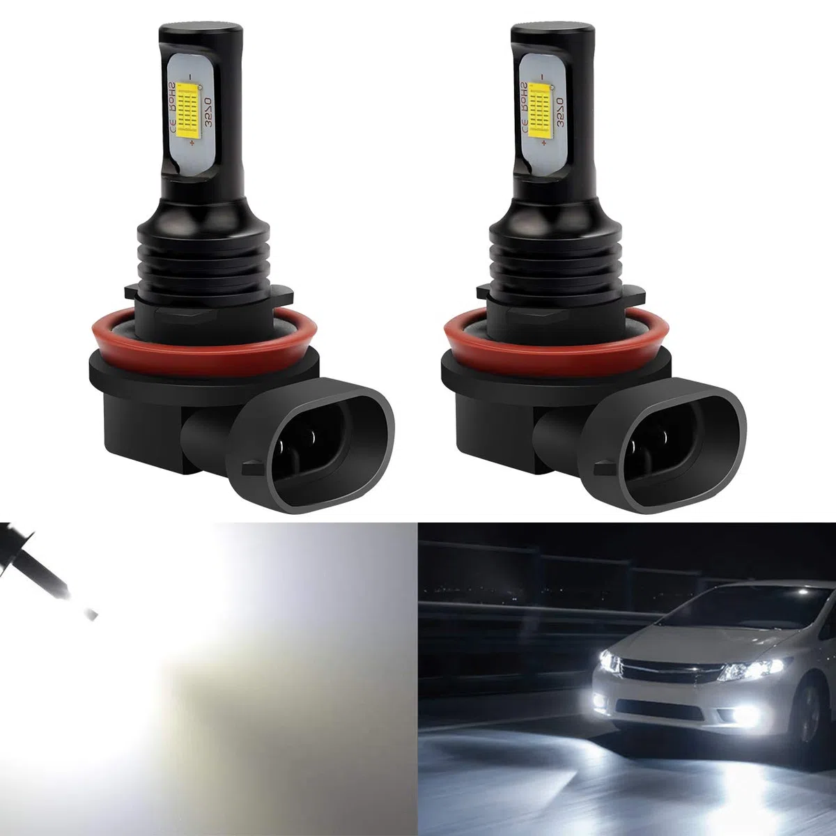 KATUR Bombillas de luz antiniebla LED H11 H8 H9 3570 Chipets Extremadamente Brillantes 2400 lúmenes Solo para luz Diurna DRL o Luces antiniebla, Blanco xenón (H11, H8, H9 H16 (Japón) Blanco)