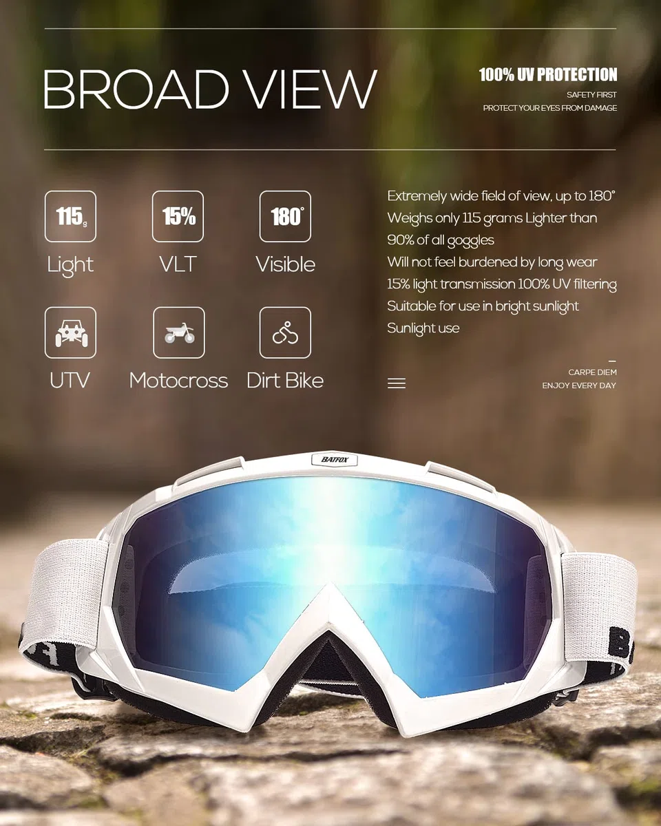 KINGBIKE Gafas de Motocross Profesionales, Gafas para MTB/Dirt Bike/ATV, Unisex para Adultos y Jóvenes (L, Blanco Azul cielo)