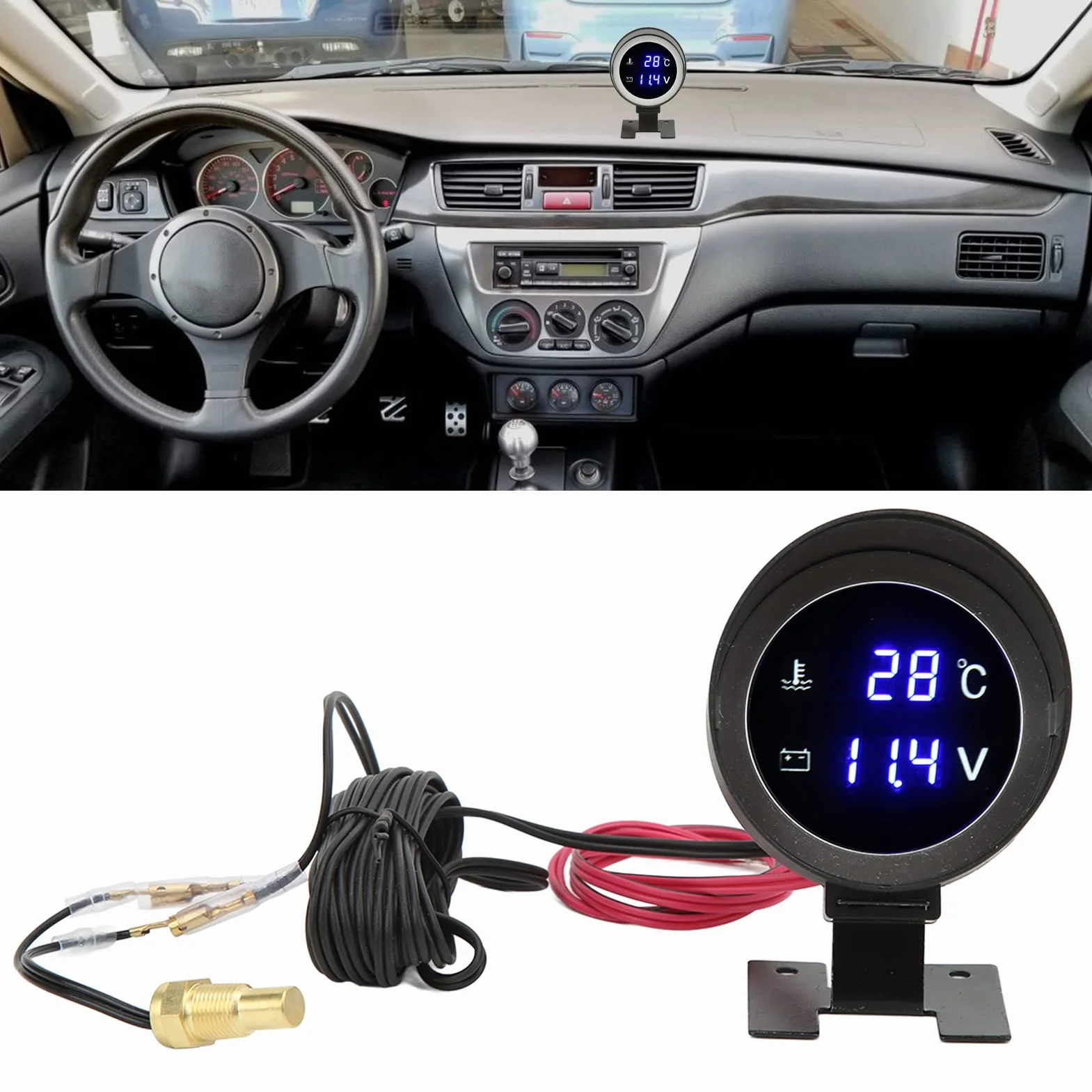 Medidor Digital de Temperatura del Agua, Akozon 9 V‑36 V Redondo Luz de Fondo Azul Voltímetro Indicador Digital de Temperatura del Agua para Coche Motocicleta ATV