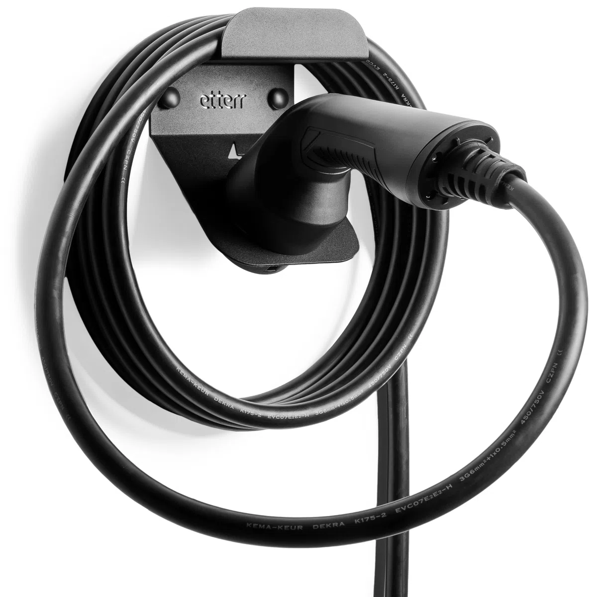 Soporte de Cargador Coche eléctrico. Base, Gancho de Pared, Manguera, Cargador baterias Coche eléctrico, EV, Organizador Cables, Accesorios Coche, Accesorios Moto. (Negro)