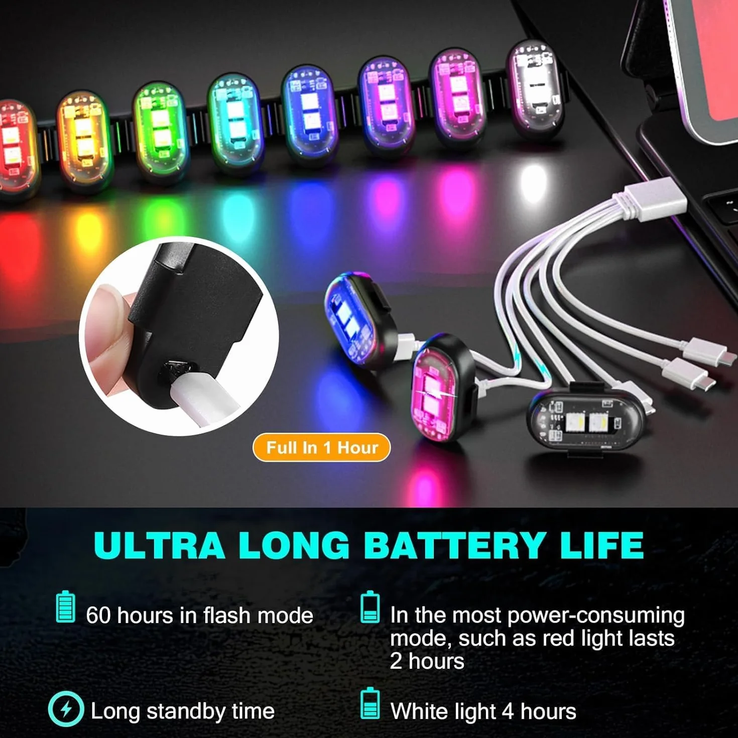 Pavlleen 6 luces LED estroboscópicas para coche, 8 colores, impermeables, anticolisión, con control remoto, luz estroboscópica para dron, carga USB, para dron, camión, motocicleta y bicicleta