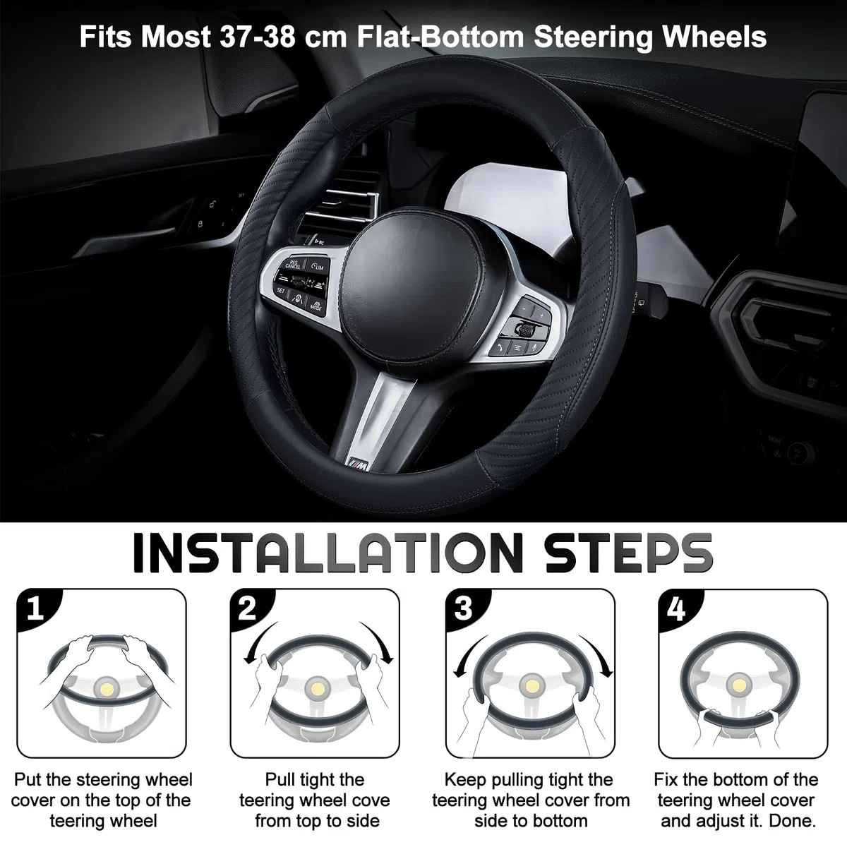 Funda de cuero para volante de automóvil, funda de microfibra suave, tamaño universal M, 37-38 cm, antideslizante, transpirable, color negro