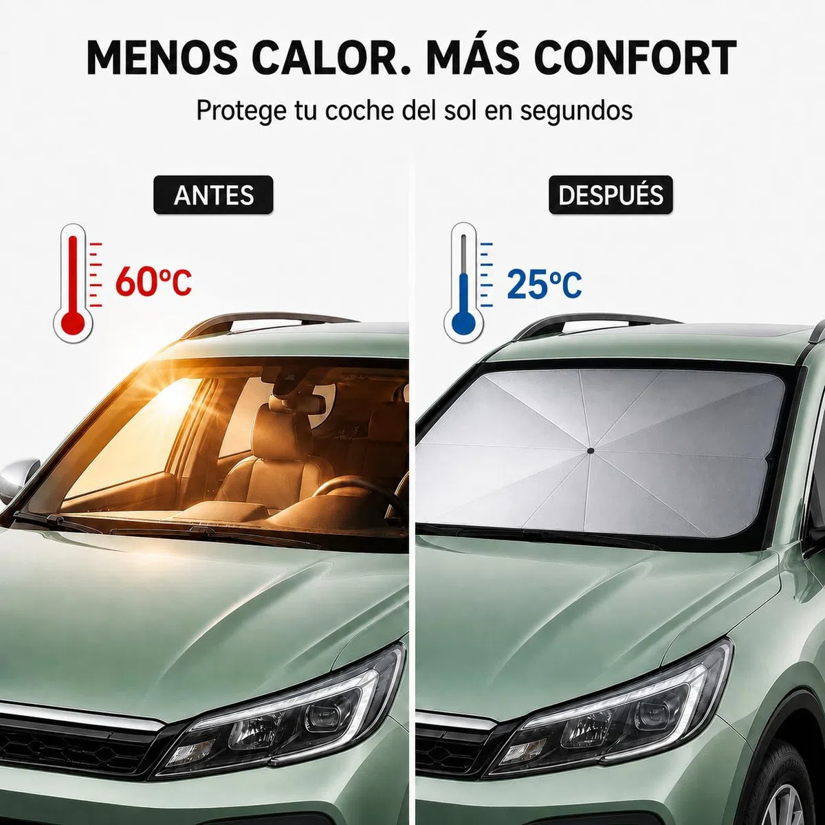 AlfaHome - Parasol Coche Delantero Paraguas Plegable con Funda – (140x80 cm) - Protección UV, Reduce el Calor Interior en Minutos, Parasol Coche Paraguas