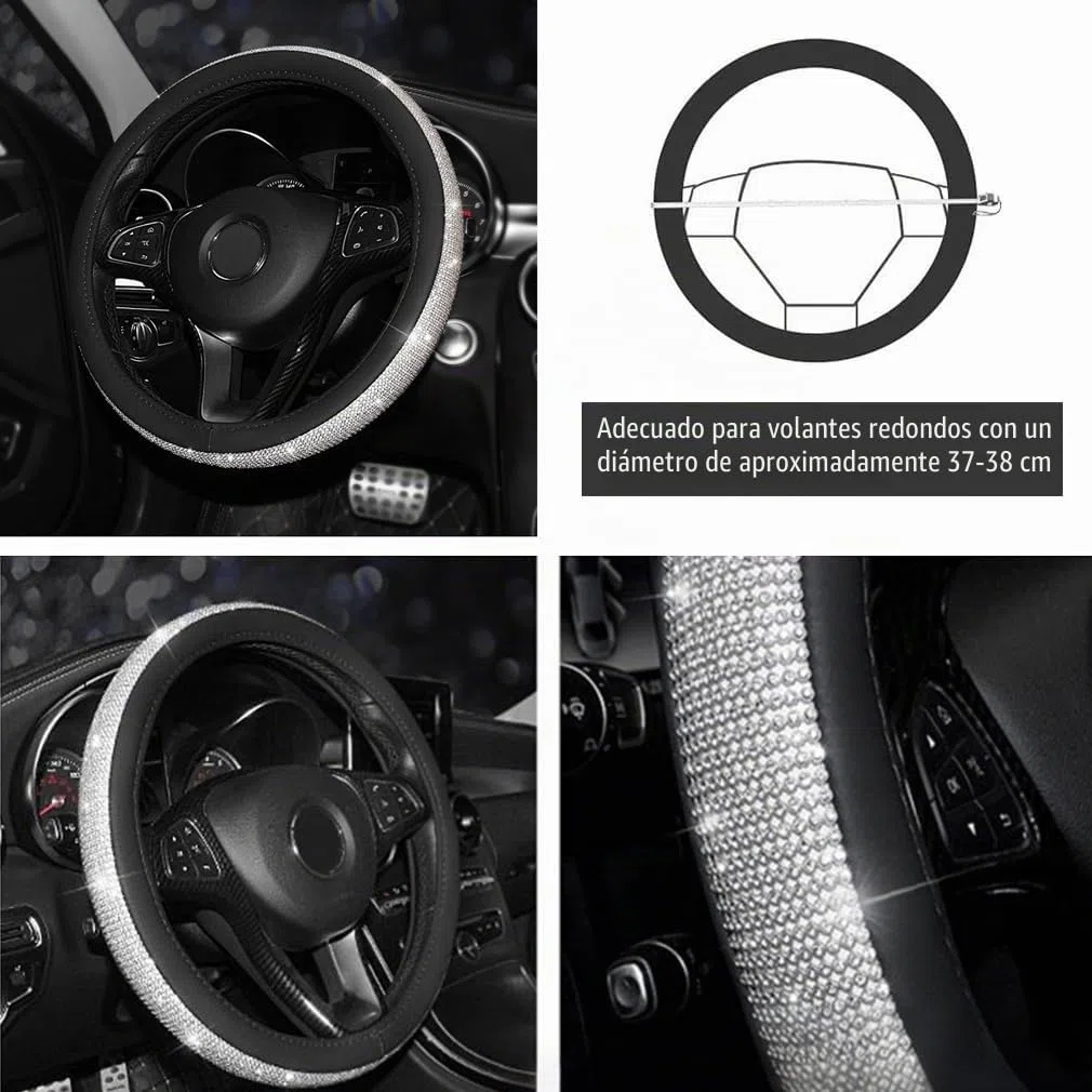 Pahajim Funda Volante Coche Bling Bling Rhinestones Cubre Volante Cuero de PU Antideslizante Universal 38 cm/15 Steering Wheel Cover para Mujer (Negro-Blanco)