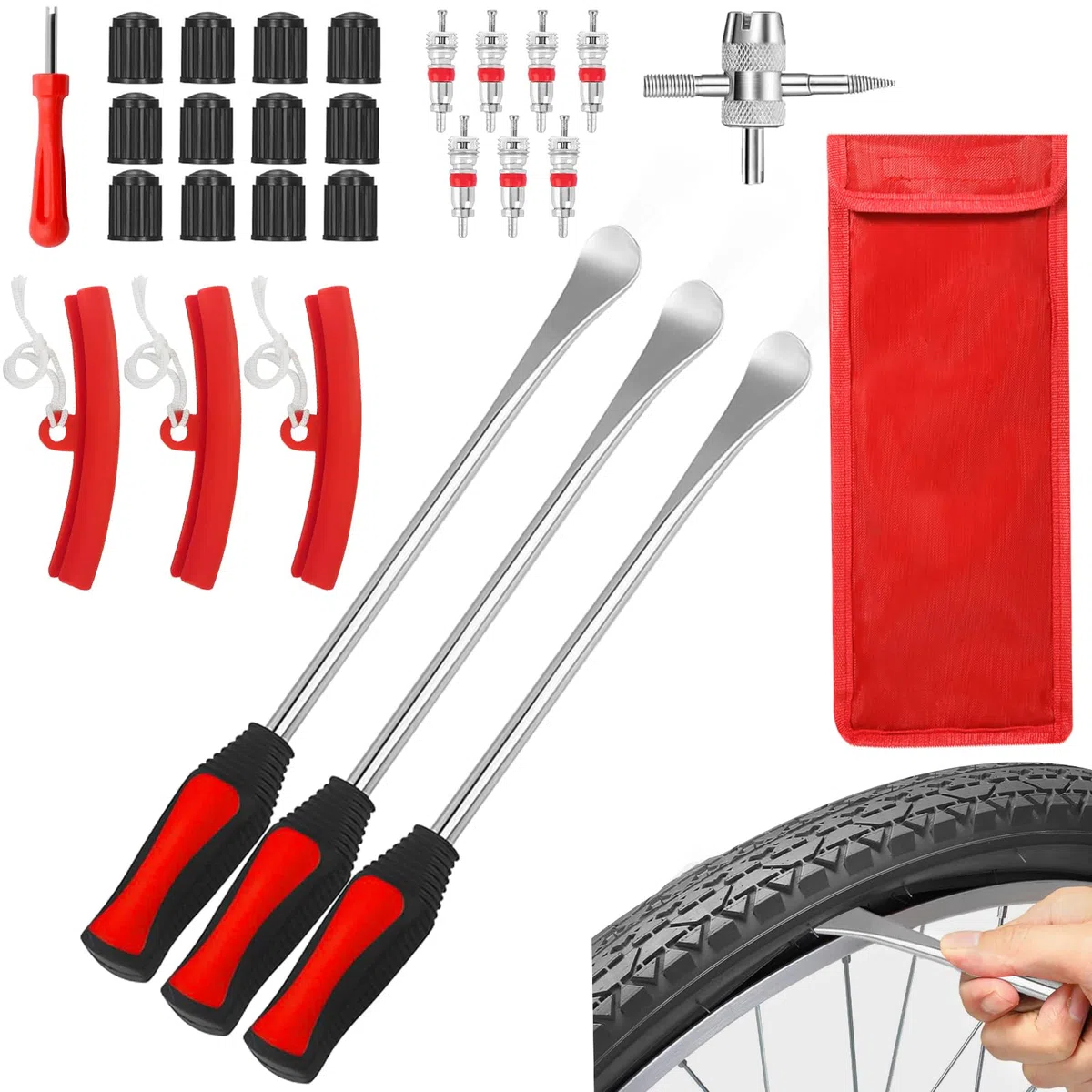 28 Pcs Desmontadores De Neumático Kits, Desmontaje de Neumáticos para Motocicleta,15in Palancas De Neumáticos, con 3 Protectores de Neumáticos para Moto y Bicicleta de Coche