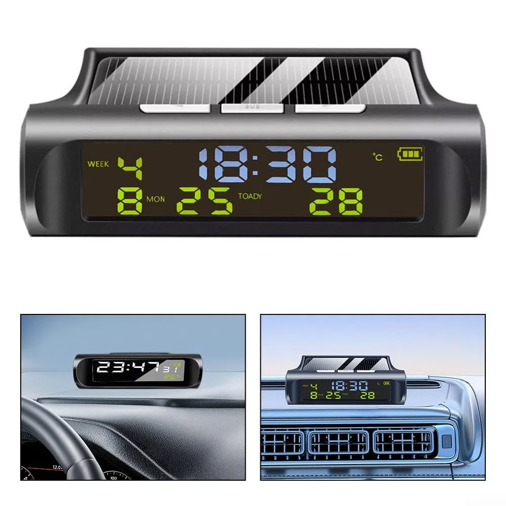 Termómetro digital para coche, reloj solar para coche, termómetro digital, pantalla automática, soporte para tablero de instrumentos para oficina, uso doméstico, color negro
