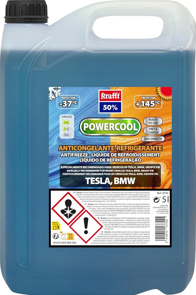 krafft Anticongelante Azul Coche – Líquido Refrigerante Powercool 50% - Anticongelante Especialmente Formulado para Coches Tesla y BMW – 5 L