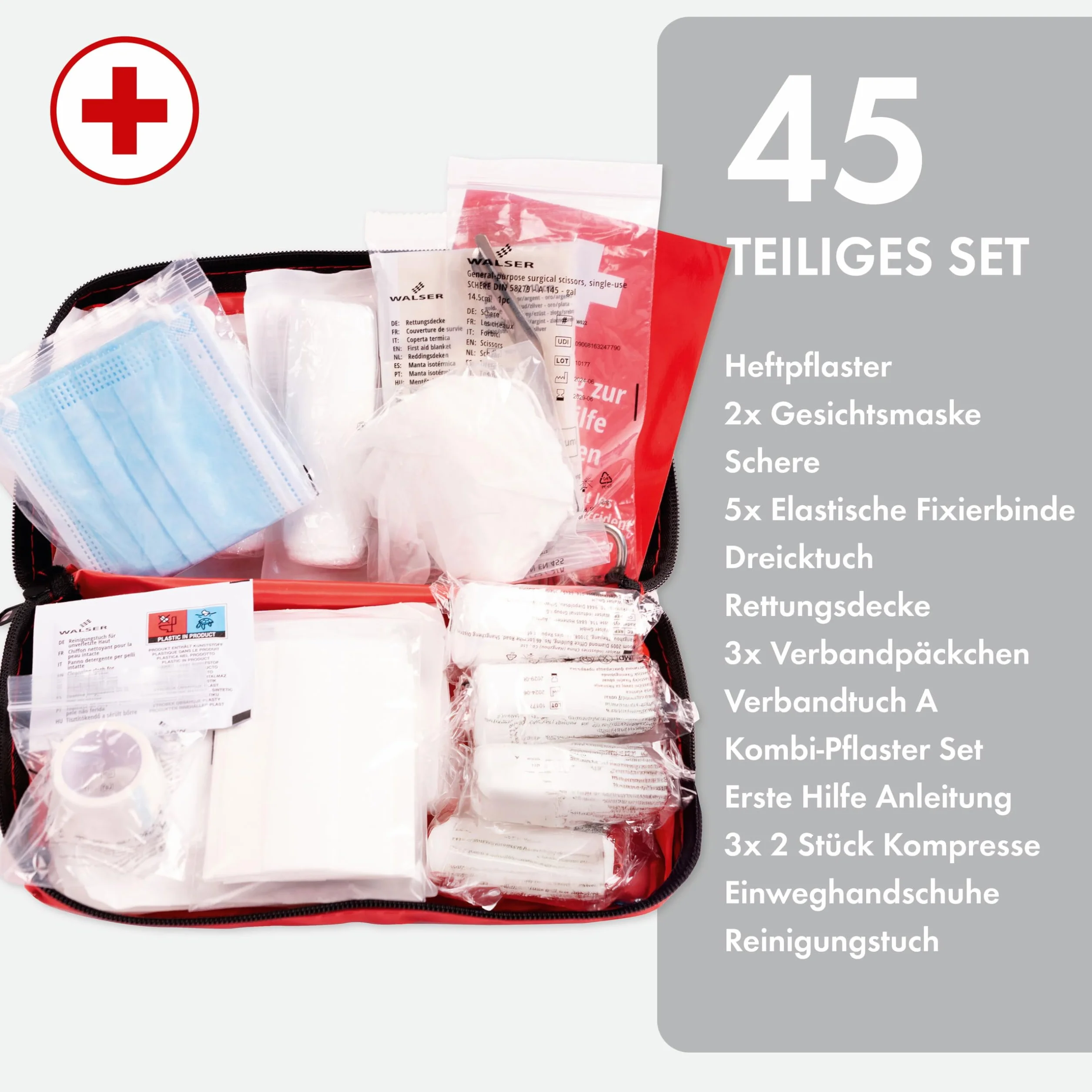 WALSER Bolsa de primeros auxilios para coche, kit de primeros auxilios, bolsa de primeros auxilios DIN 13164:2022, kit de primeros auxilios rojo 44283
