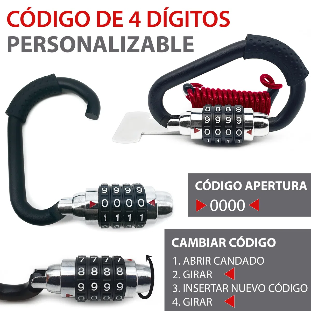 KRASER KR723B Candado Mosquetón Casco Moto, Cerradura Combinación 4 Digitos Más Fuerte, Adaptador T y Cable Seguridad, Compacto Accesorio Antirrobo Universal para Casco Moto Bicicleta Chaqueta