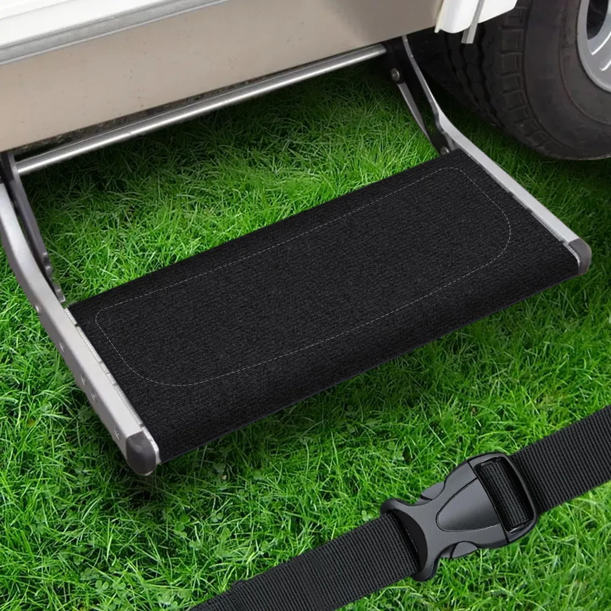 Alfombra para Escalones de Autocaravana, Alfombrilla Antideslizante Ajustable con Hebilla, Alfombra de Escalón para Autocaravanas de 18–24 cm / 7-10", Negro
