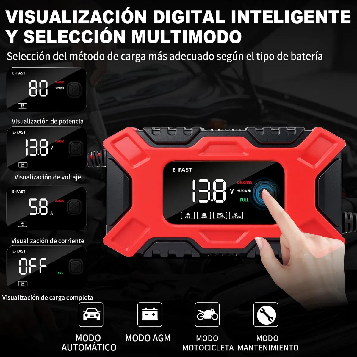 Cargador Baterias Coche, 12V 6A Cargador de Batería de Coche Inteligente con Reparación y Pantalla LCD, Múltiples Protecciones, Cargador de Batería para Automóviles Moto AGM, Gel, SLA