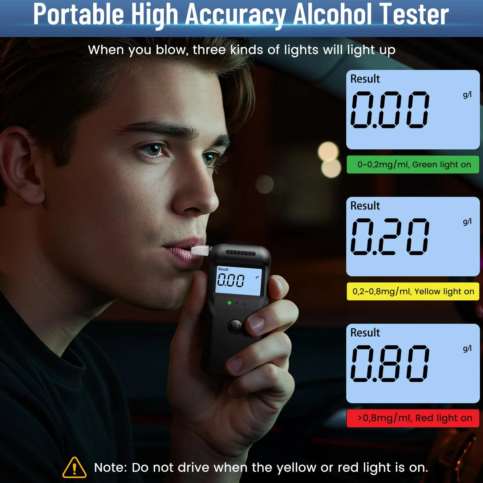 FIVAVA Alcoholimetro Digital Homologado, Alcoholímetro Alcohol Test | Precisión ±0,01% | Portátil LCD Digital | 20 Boquillas Reutilizables | Test Alcoholemia Uso Doméstico/Profesional