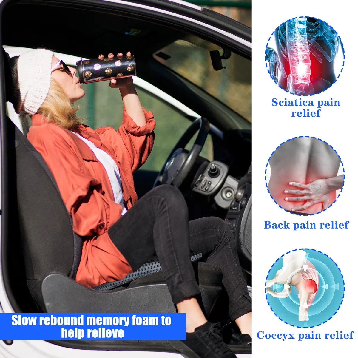 Cojin Asiento Coche, Cojines Forma Cuña Automóvil, Cojines Conductores, Espuma Viscoelástica Asiento Refuerzo, Base Antideslizante, Asiento Coche Ergonómico Sentarse, Funda Lavable (Negro)