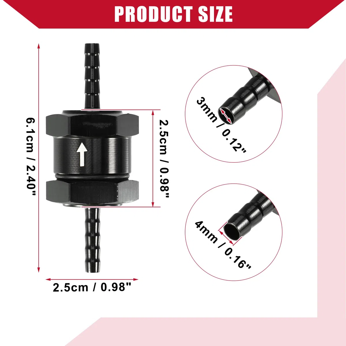 Válvula de Retención de Combustible Unidireccional Interna para Combustible de Automóvil Gasolina Diésel / 0.16" 4mm OD / 2 Unidades Negro
