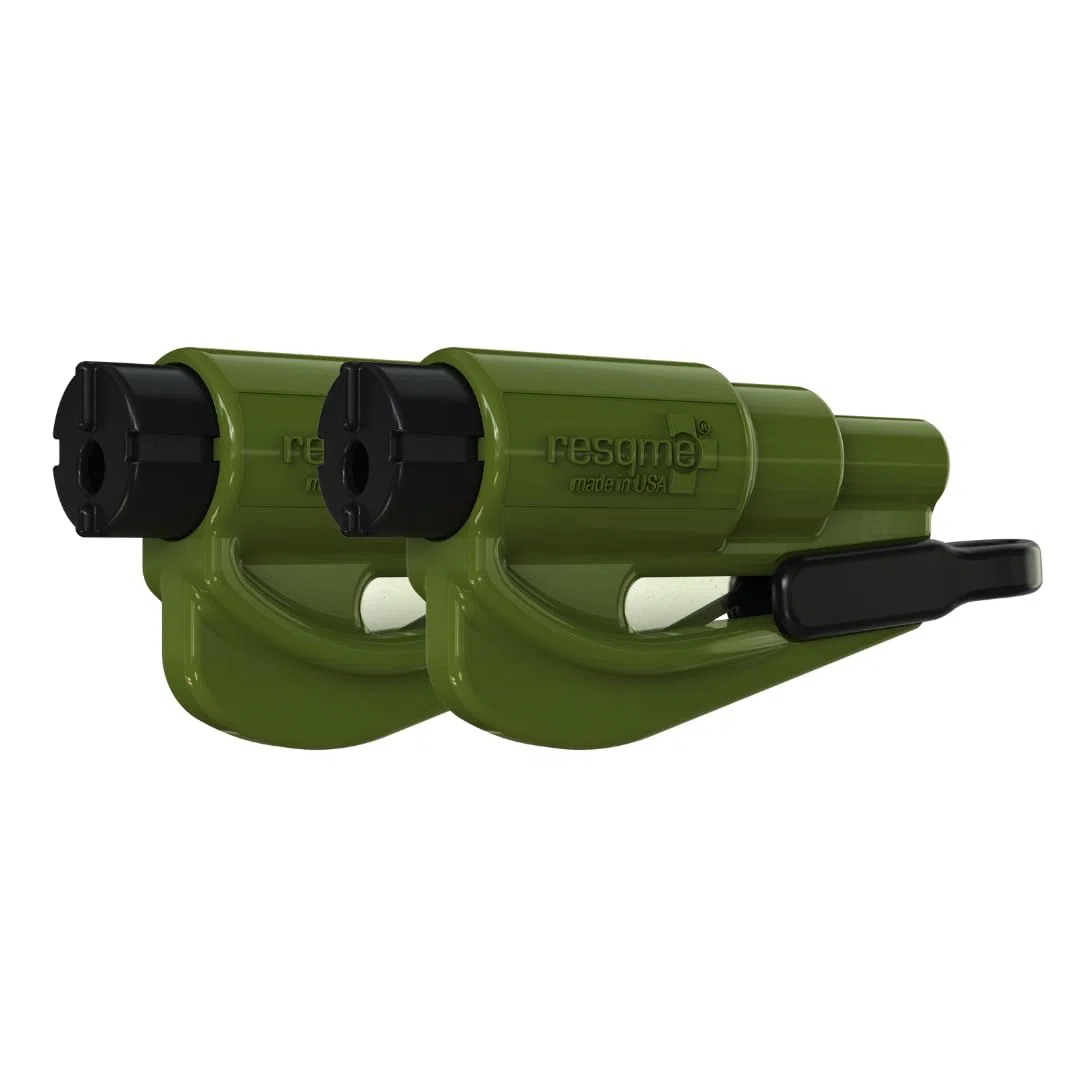 Resqme 2 Unidades, la Herramienta de Escape de Coche con Llavero de Emergencia Original, Cortador de cinturón de Seguridad 2 en 1 y rompeventanas, Martillo de Seguridad Compacto, Ejercito Verde