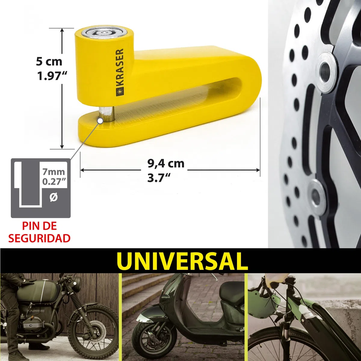 KRASER KR707Y Candado Moto Disco, Amarillo ø7mm Más Disuasorio, Cerradura Anti-taladro, Seguridad Compacta Facil Transporte, Antirrobo Bloqueo Pinza Disco Freno Moto, Bicicleta, Patinete Electrico