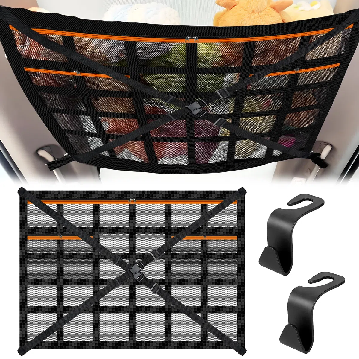 Red Almacenamiento Techo Coche 90×65cm, Red Techo Furgoneta Camper con Correas Cruzadas Ajustables y 3 Bolsillos con Cremallera, Organizador Universal de Carga para Coche, SUV, Jeep, Caravana y Furgon