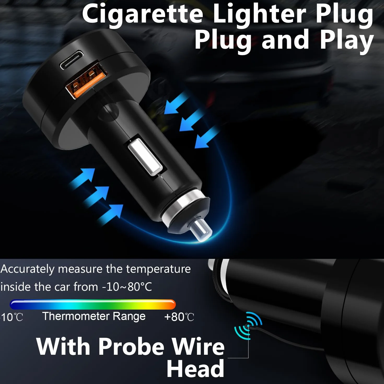 Cargador USB QC3.0+PD3.0 para coche, voltímetro, termómetro con pantalla digital LCD, probador de temperatura, voltaje, monitor de batería, adaptador USB para encendedor de coche, 12 V-24 V