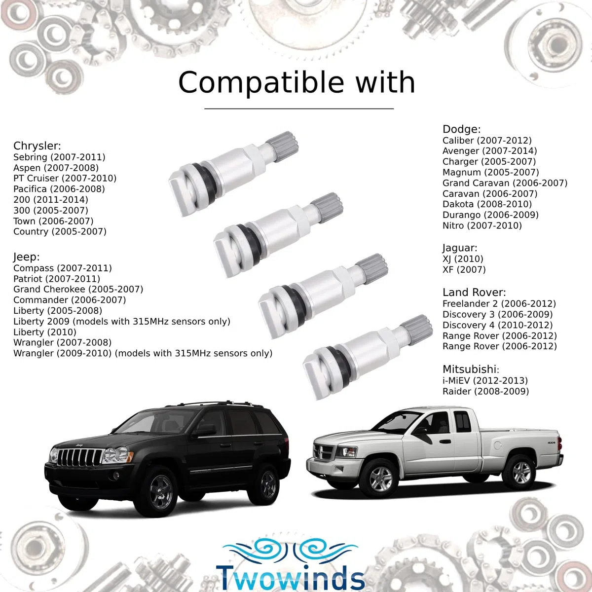 Twowinds - Válvula Sensor Presión Neumáticos 68001696AA Compatible con Jeep Patriot, Liberty, Grand Cherokee, Dakota, Land Rover Freelander 2, Discovery, Rang Rover - TPMS (set de 4)