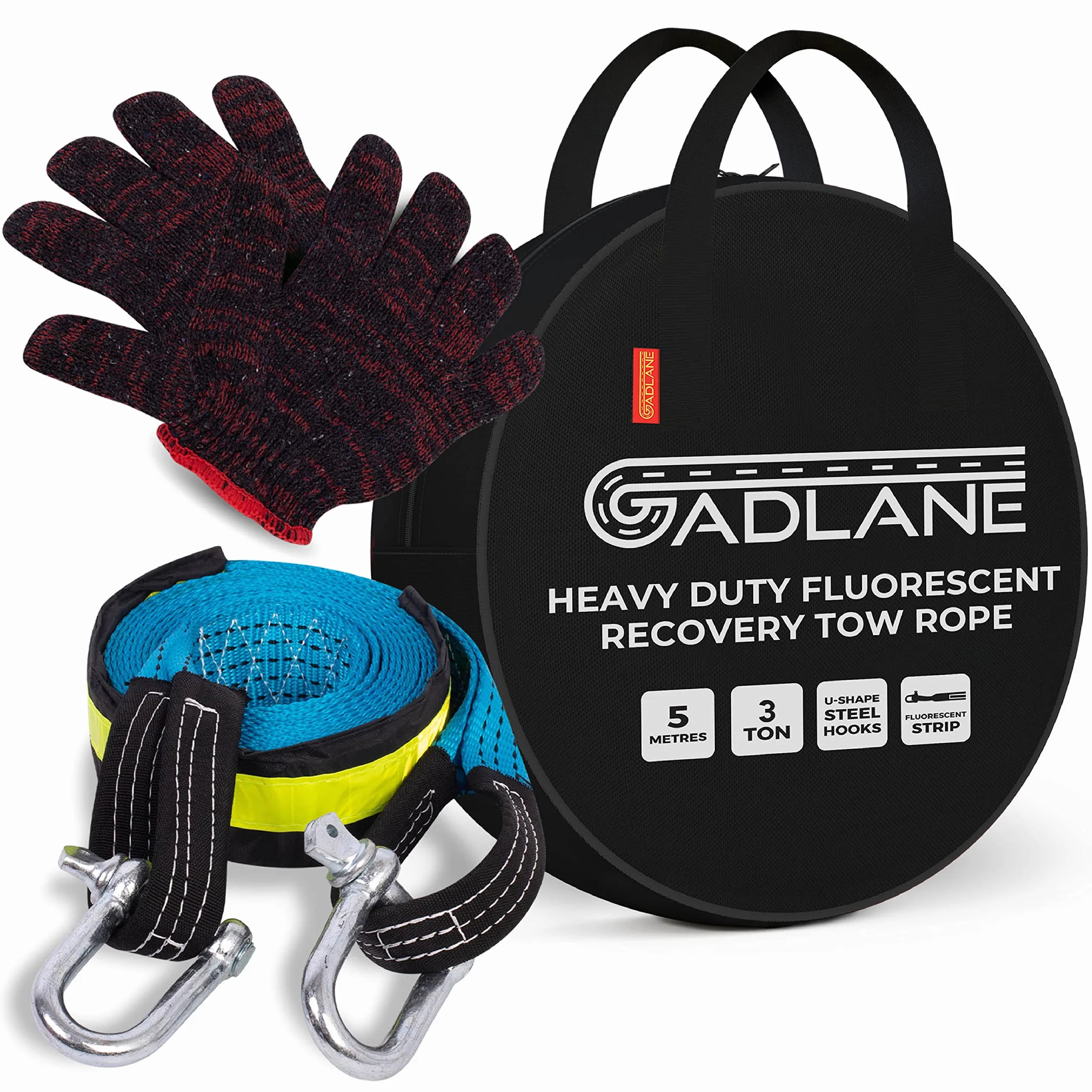 GADLANE Alta Resistencia Cuerda De Remolque con Tiras Reflectantes Dos Ganchos De Seguridad Guantes Y Bolsa De Almacenamiento Incluidos - 8 Toneladas - 5 Metros De Largo